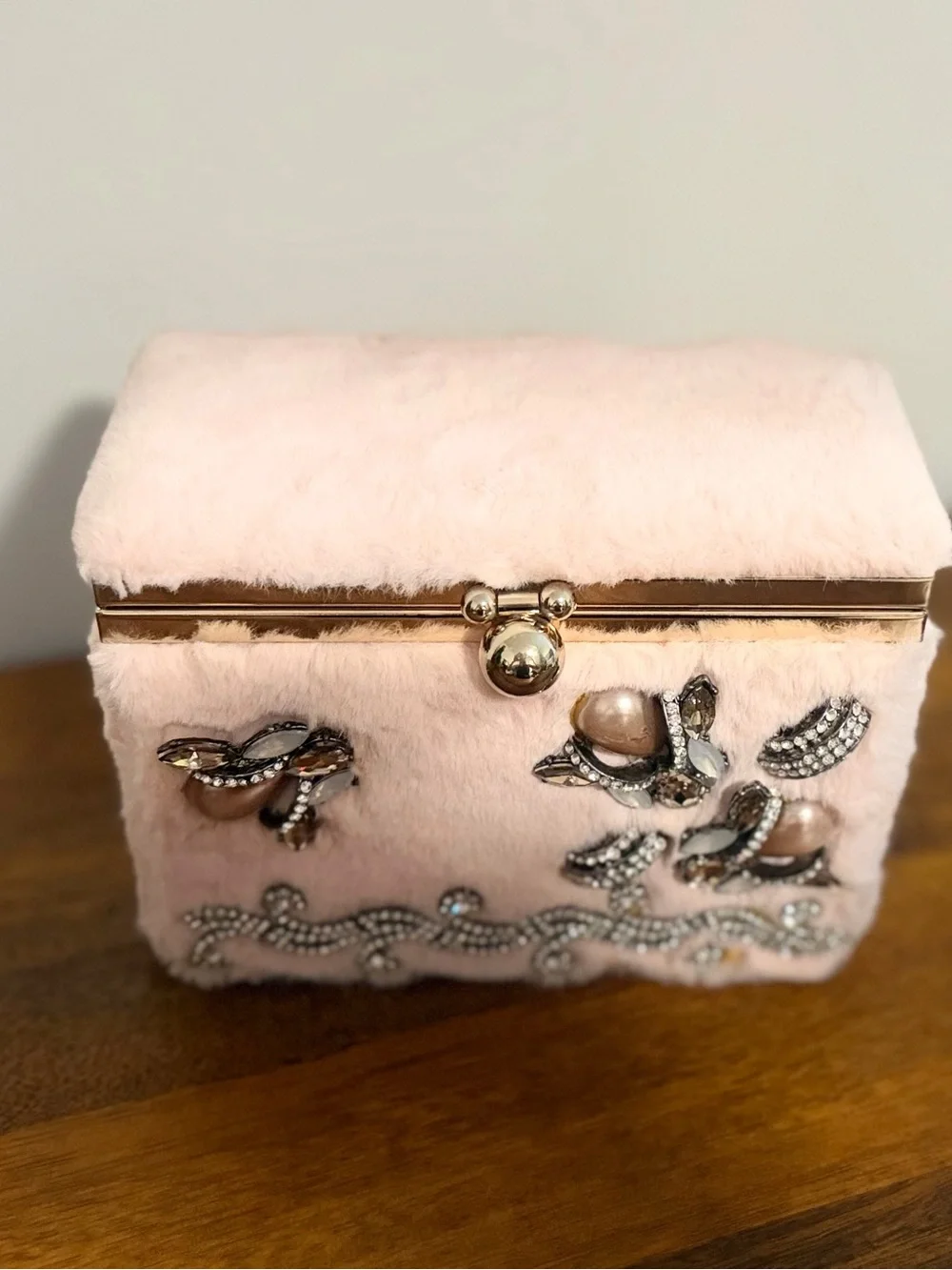Embellished Pink Faux Fur Evening Clutch with Gold-Tone Frame